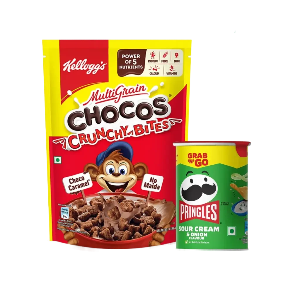 Kellogg's Chocos Crunchy Bites Kids Cereal + Pringles Sour Cream & Onion Potato Chips (40 g) Combo 375gm+40g
