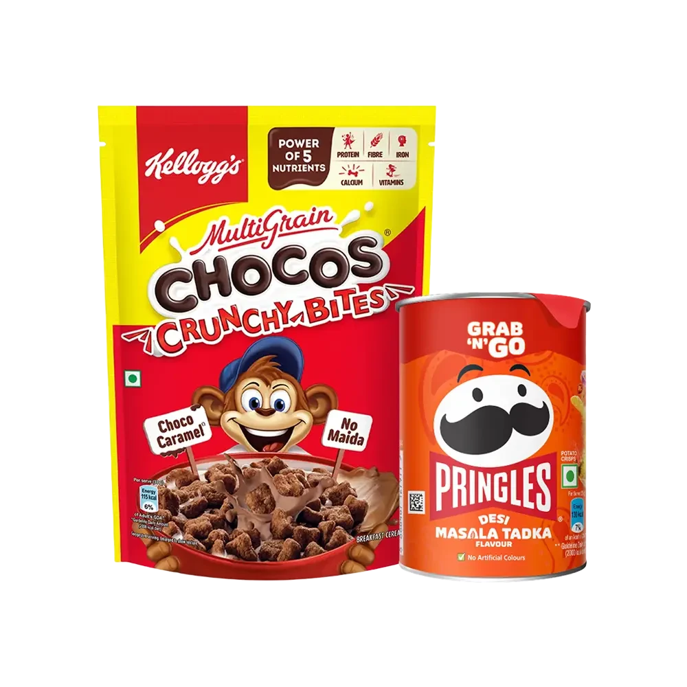 Kellogg's Multigrain Chocos Crunchy Bites Kids Cereal + Pringles Original Potato Chips - Crispy Snack Combo 375+40g