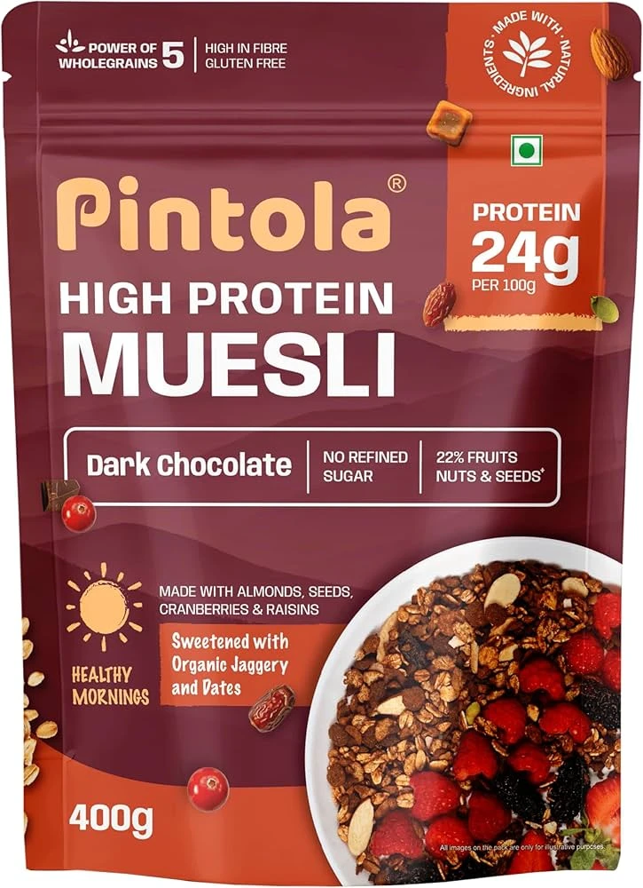 Pintola High Protein Muesli With Dark Chocolate & Cranberry 24g Protein, No Refined Sugar 400gm