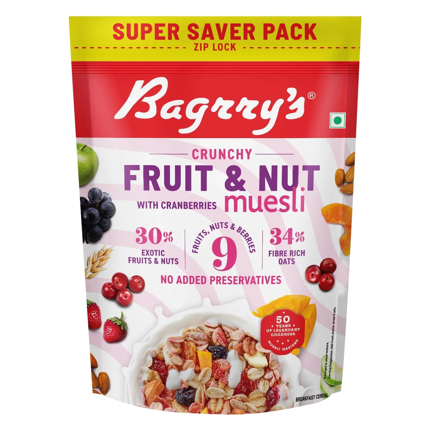 Bagrry's Crunchy Muesli 30% Fruit & Nut with Cranberries 750gm